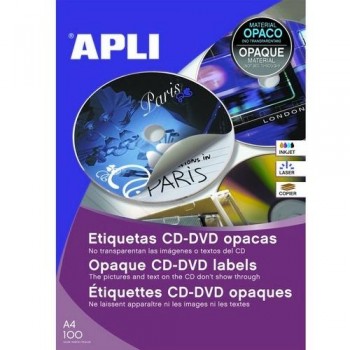 ETIQUETA CD-DVD  ?114/?41 MM.DORSO OPACO 100 HOJAS A4 200 UNIDADES ADHESIVO PERMANENTE APLI