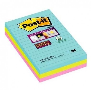 Post-it  Notas Super Sticky, colores MIAMI, 3 blocs con renglones, 101 x 152 mm